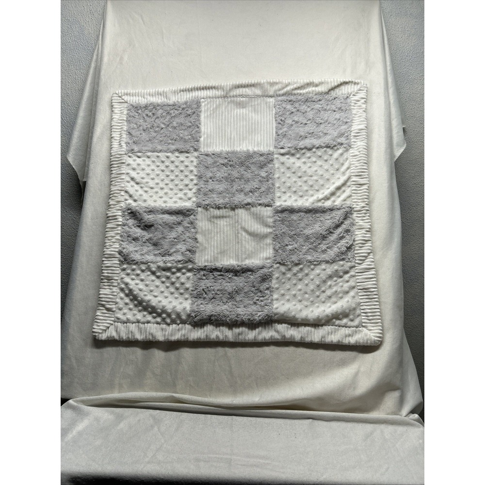 Kyle & Deena Baby Blanket Grey White Patchwork Minky Sherpa Lovey Security